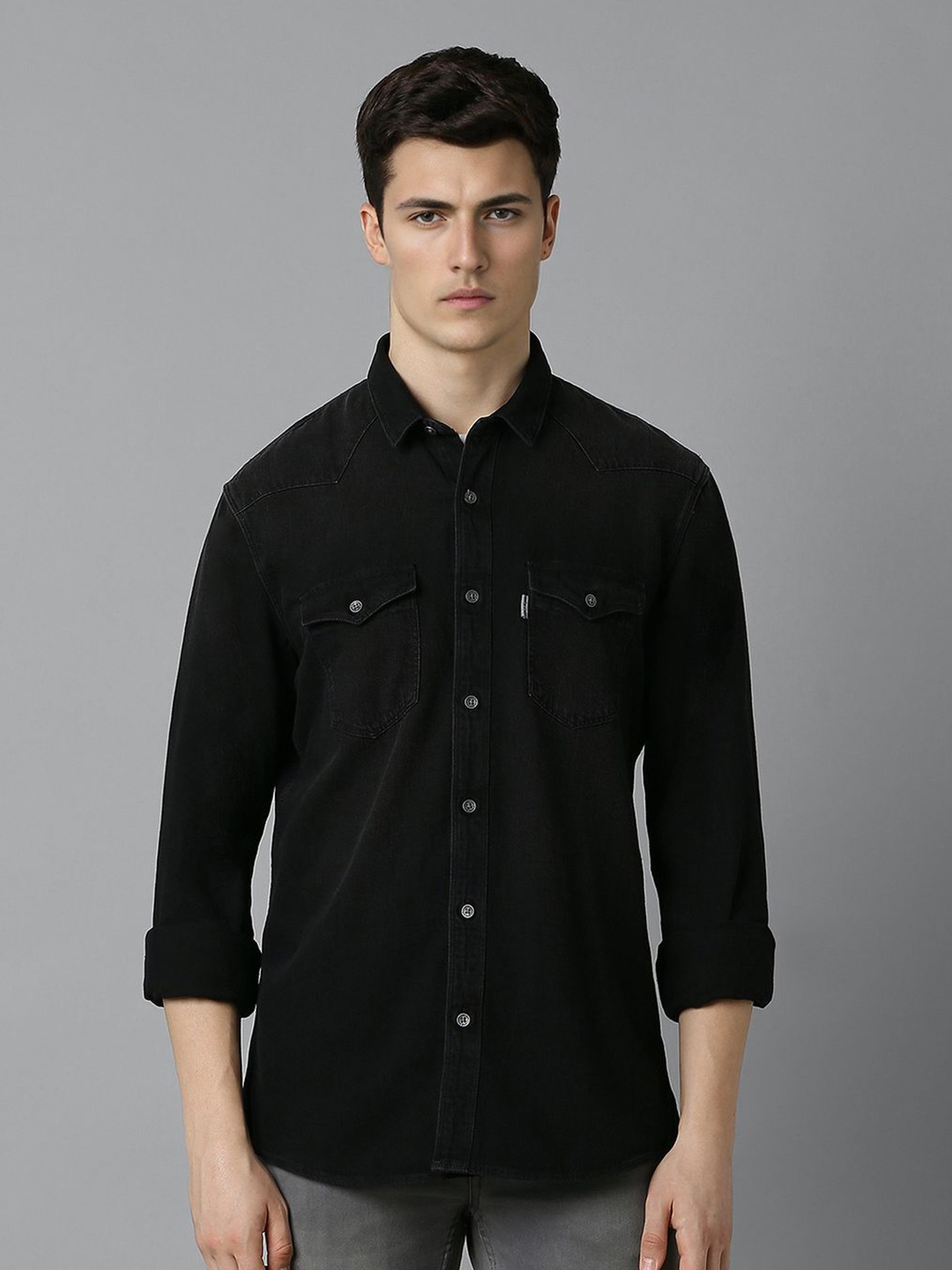 

Louis Philippe Jeans Men Slim Fit Spread Collar Solid Cotton Casual Shirt, Black