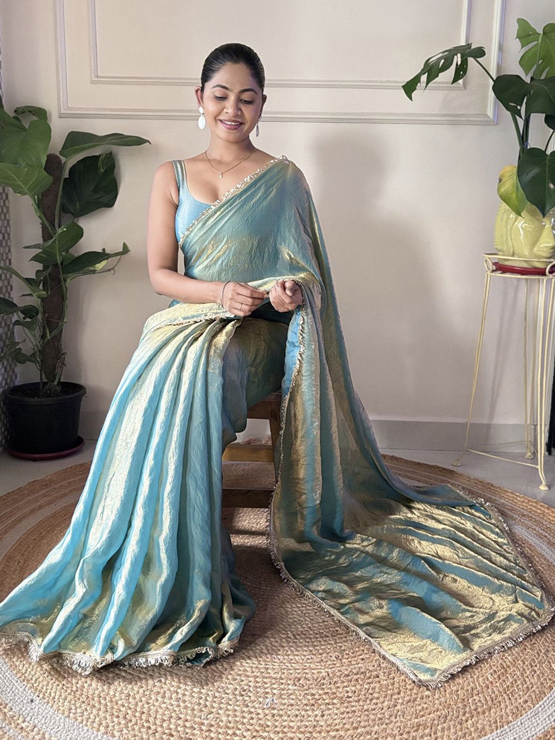 

Saree mall Paper Silk Sarees With Matching Blouse, Teal