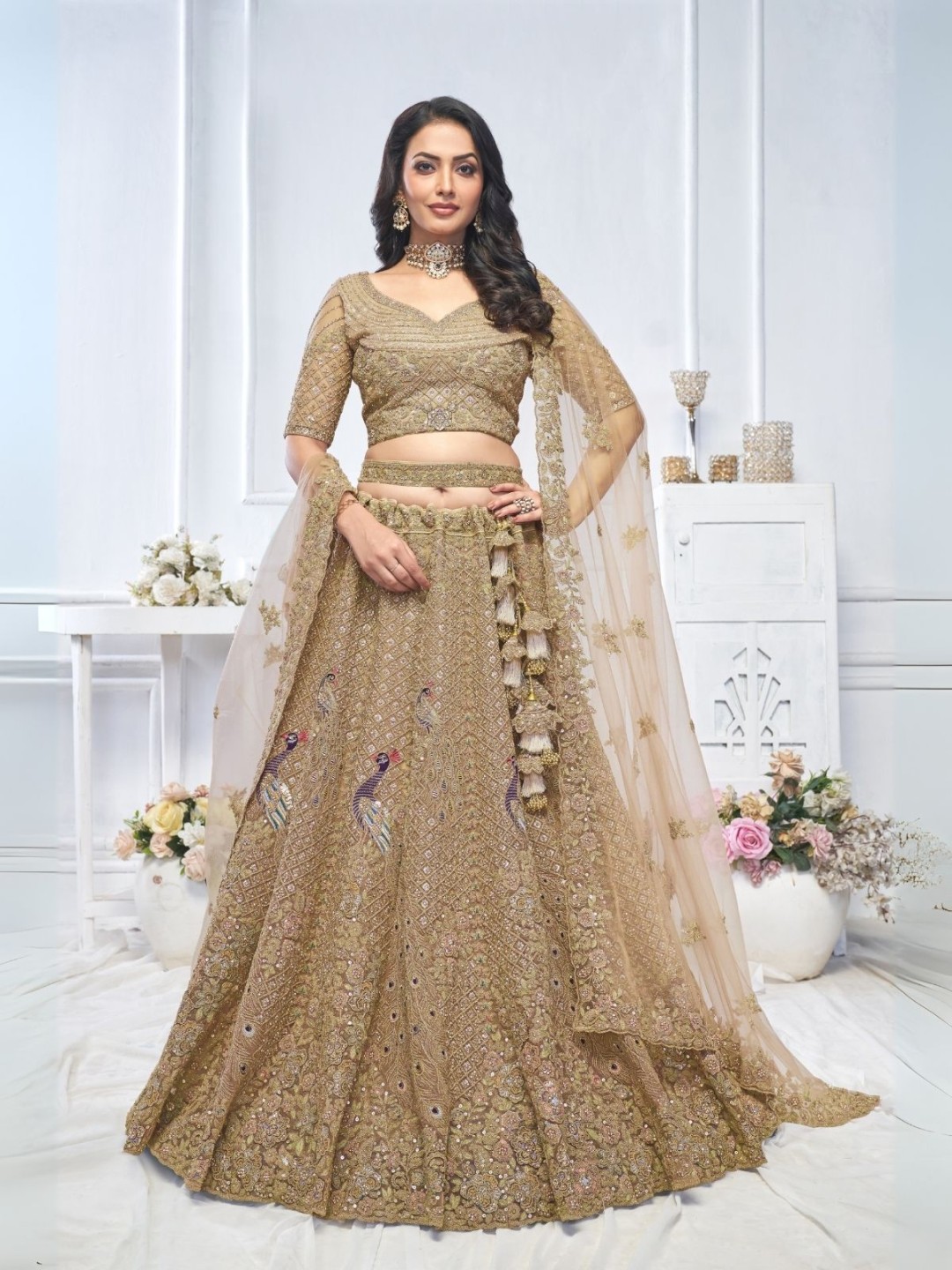 

ODETTE Embellished Sequinned Semi-Stitched Lehenga & Unstitched Blouse With Dupatta, Brown