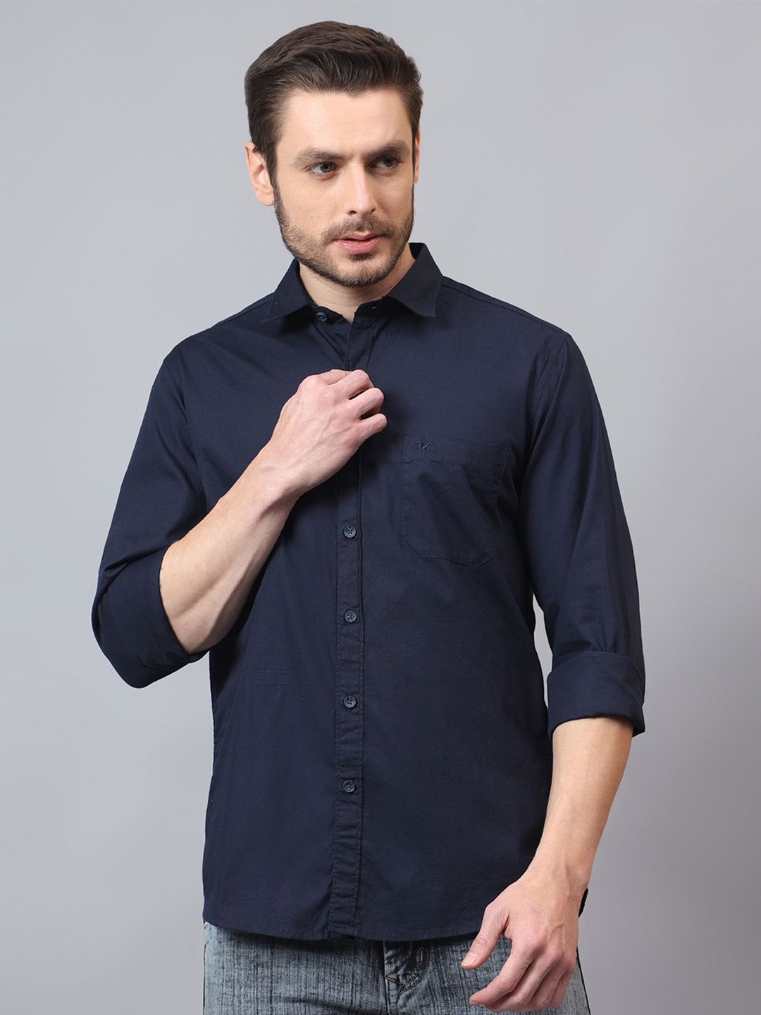 

Cantabil Men Spread Collar Solid Cotton Casual Shirt, Navy blue