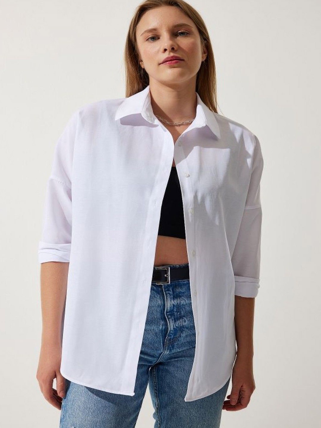 

WHY SO FAB Women Comfort Relaxed Fit Spread Collar Solid Cotton Casual Shirt, White