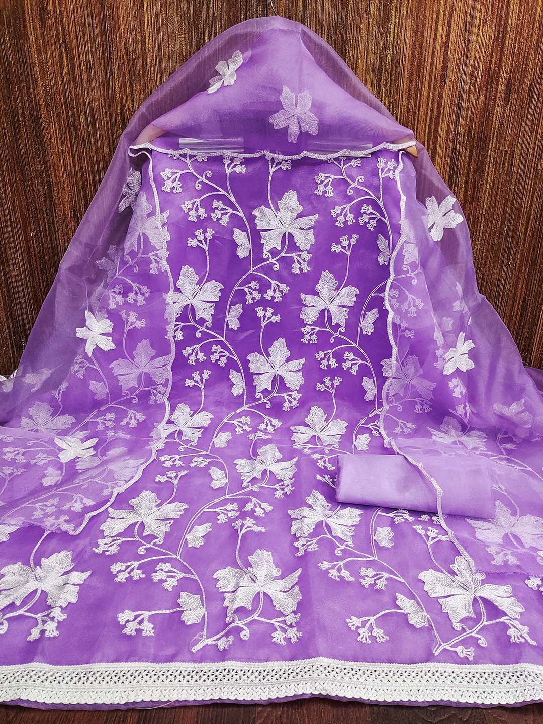 

HERE&NOW Floral Embroidered Organza Unstitched Dress Material, Purple