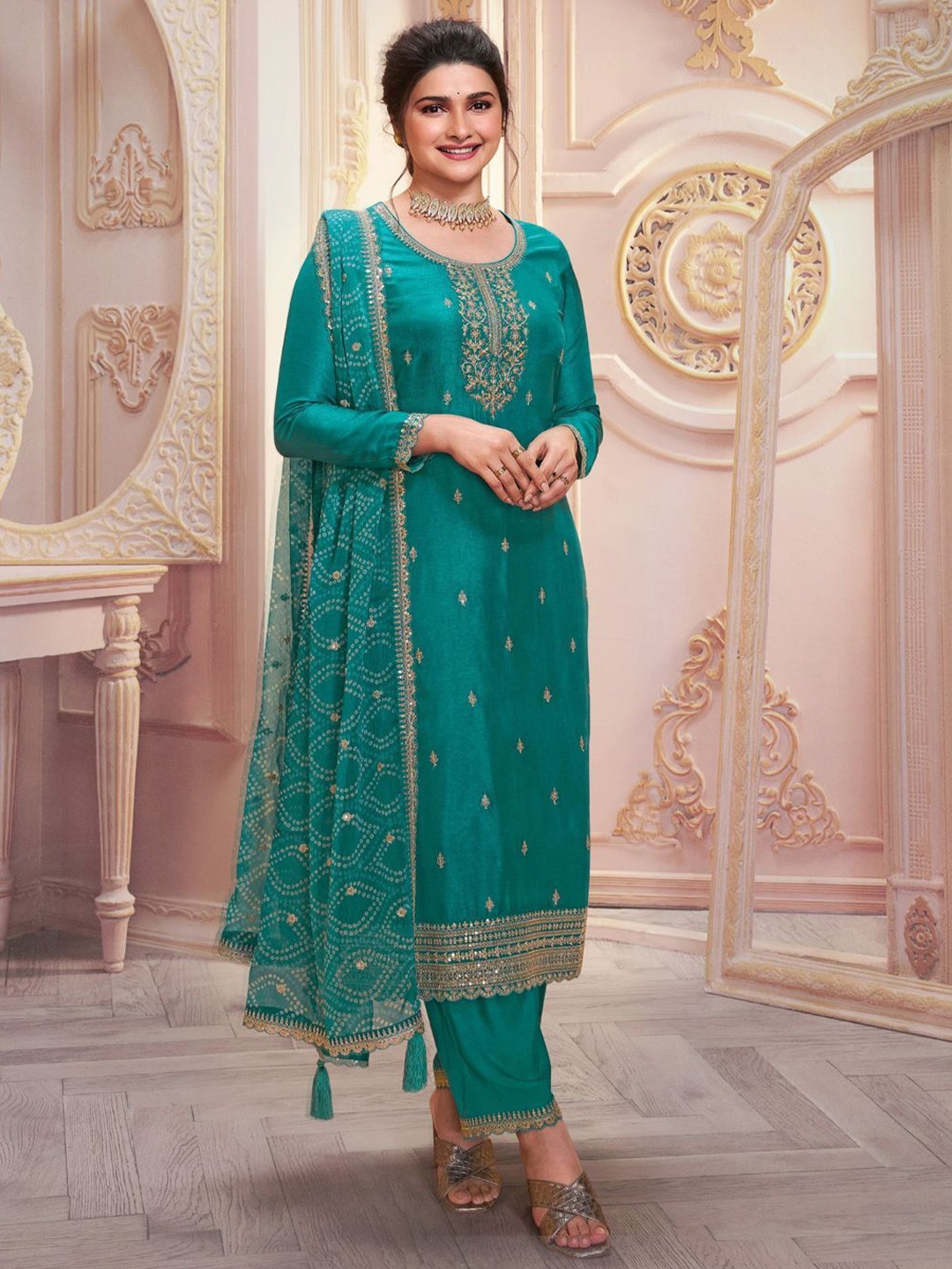 

ODETTE Floral Embroidered Georgette Sequinned Straight Kurta with Trousers & Dupatta, Teal