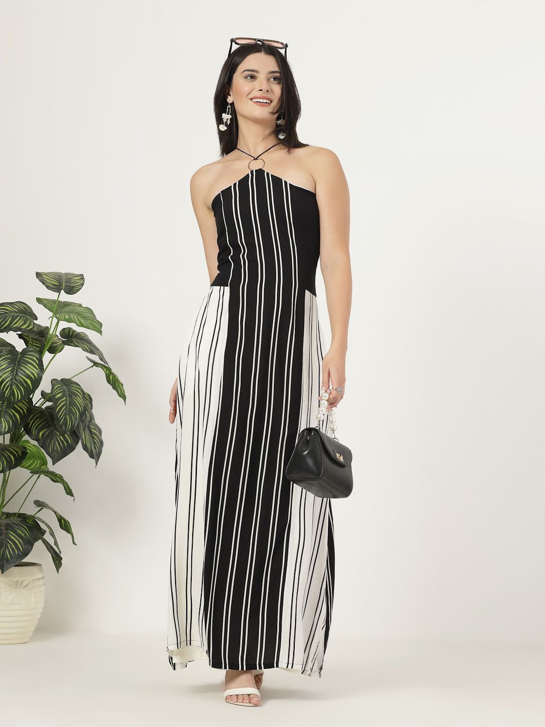 

Style Quotient Women Striped Halter Neck A-Line Maxi Dress, Black