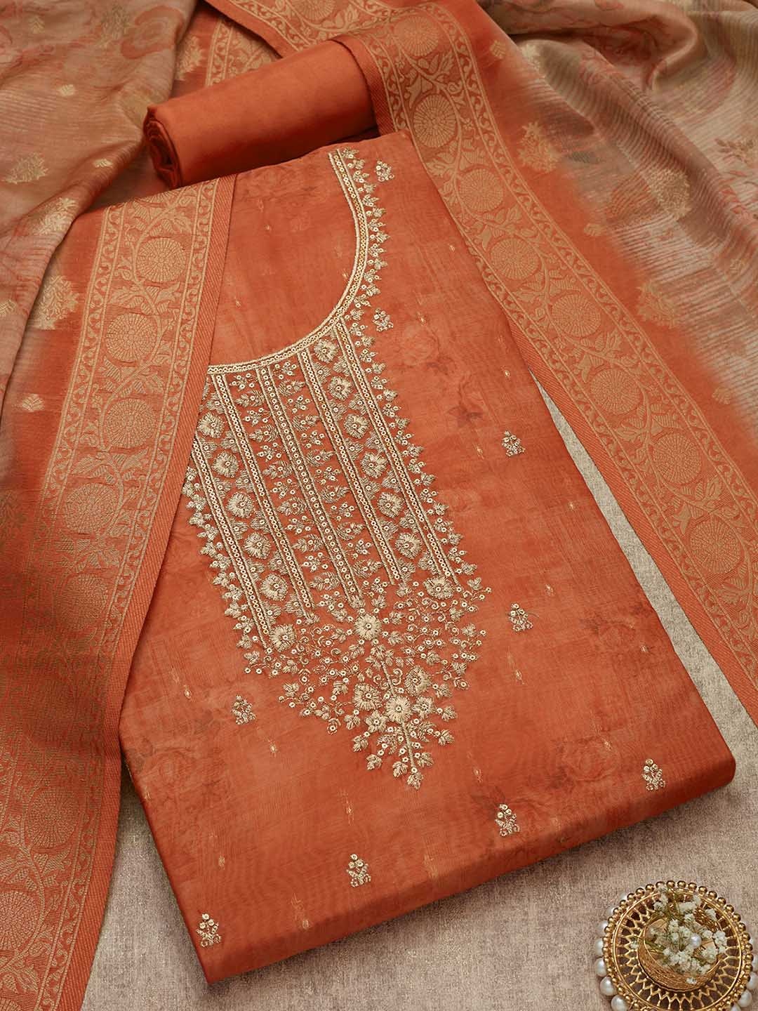 

Soch Floral Printed Embroidered Unstitched Dress Material, Rust