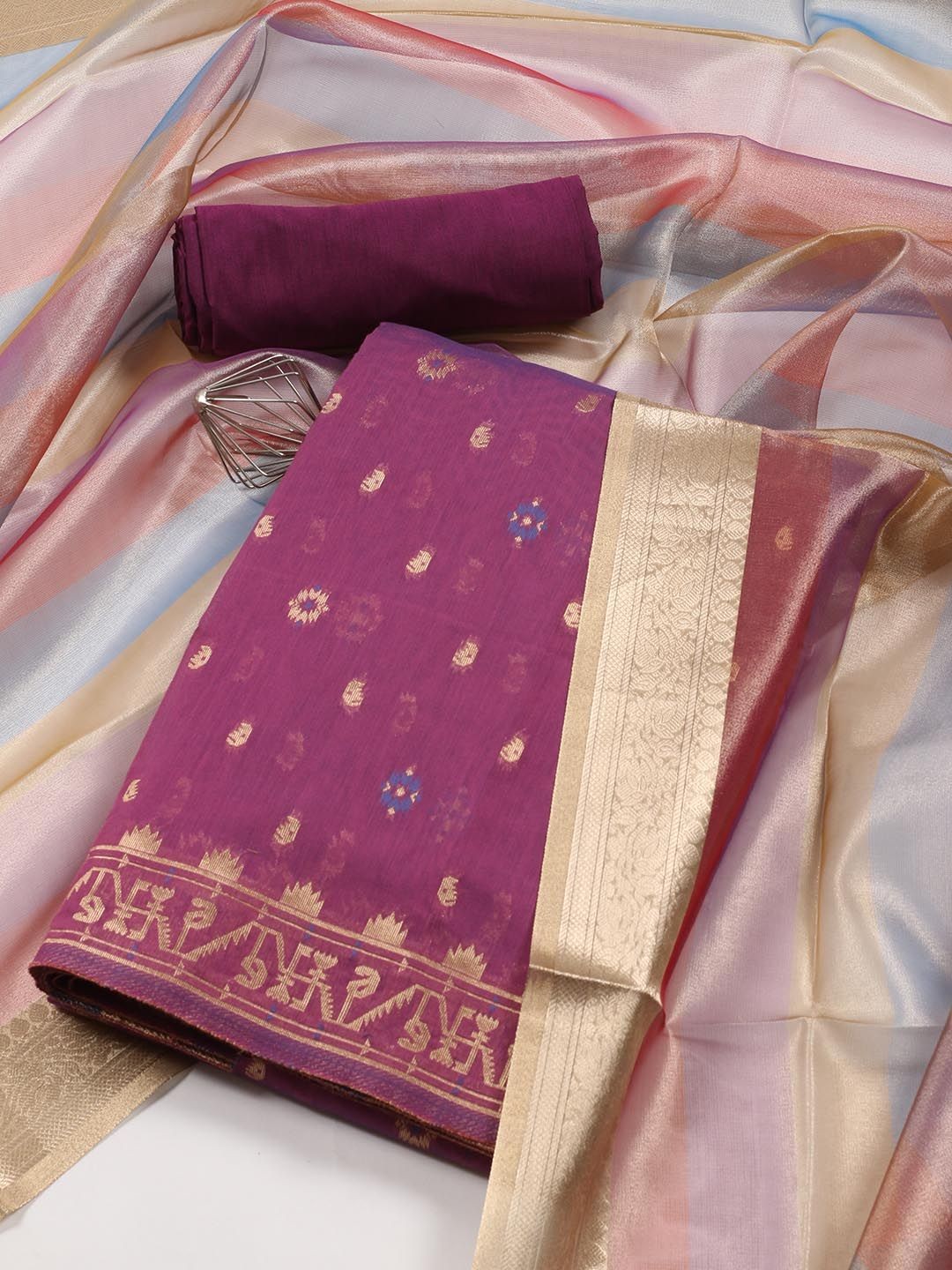 

Meena Bazaar Geometric Woven Design Art Silk Unstitched Dress Material, Purple
