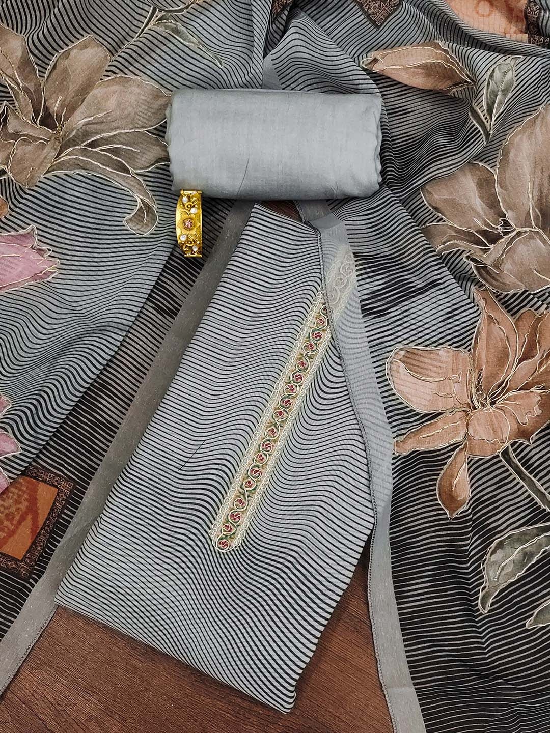 

HERE&NOW Floral Embroidered Organza Zari Unstitched Dress Material, Grey