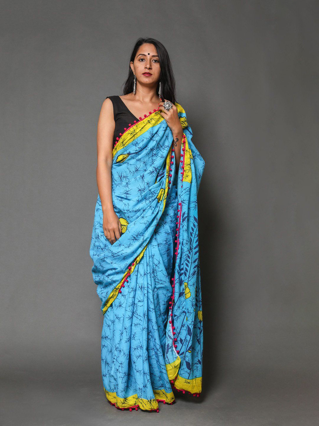 

Craft Musium Floral Pure Cotton Bagru Saree, Blue