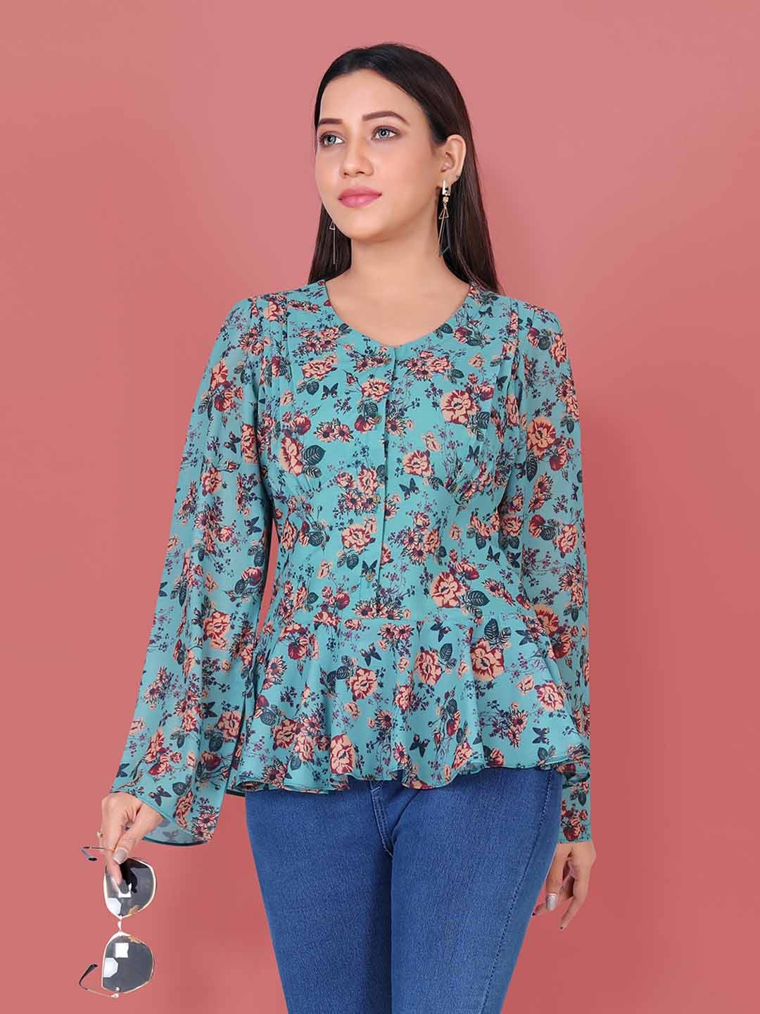

BAESD Floral Print Bell Sleeve Georgette Top, Teal