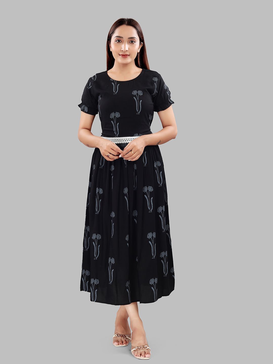 

B2F Manufacturing & Designing Kurti Women Floral Printed Maternity Fit & Flare Midi Dress, Black