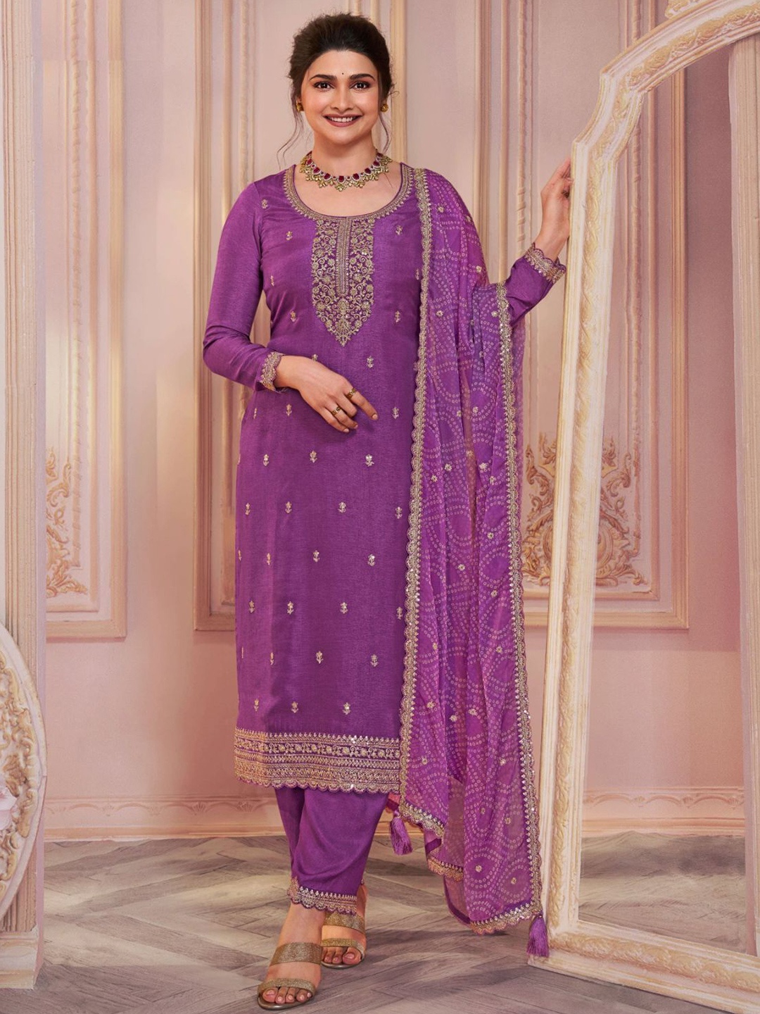 

ODETTE Ethnic Motifs Embroidered Georgette Straight Kurta with Trousers & Dupatta, Purple