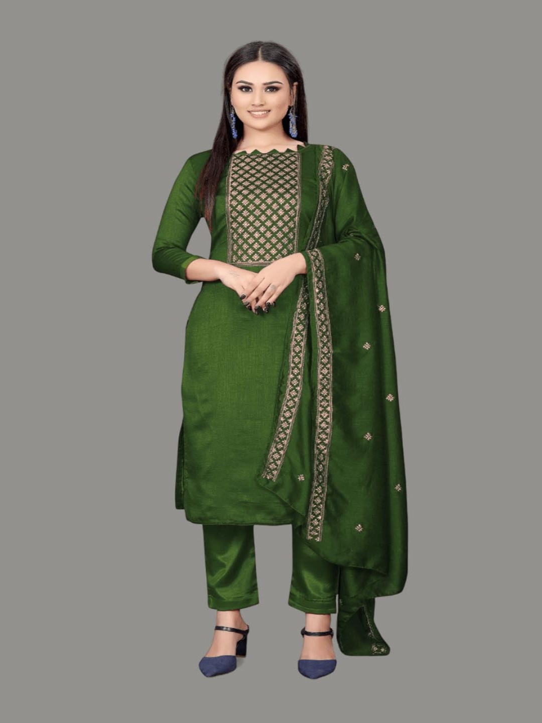 

Aika Geometric Embroidered Pure Silk Unstitched Dress Material, Green