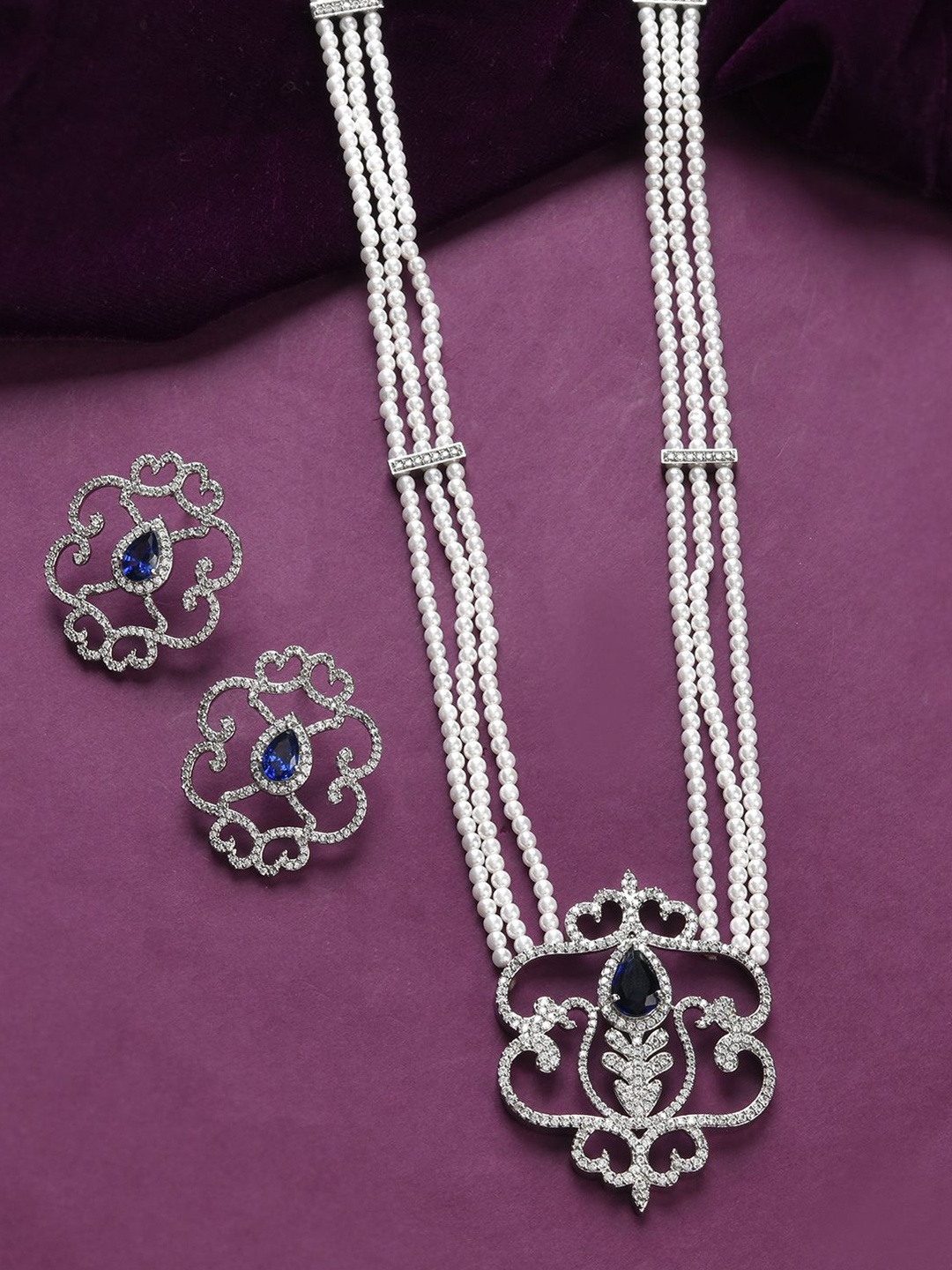 

Voylla Rhodium-Plated AD-Studded & Beaded Royal Romance Victoria Long Jewellery Set, Silver