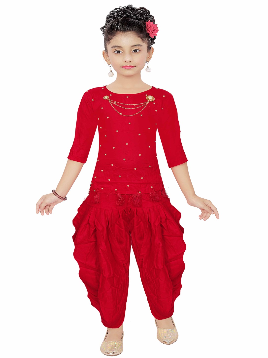 

Epochlite Girls Embellished Round Neck Top With Dhoti Pants, Red