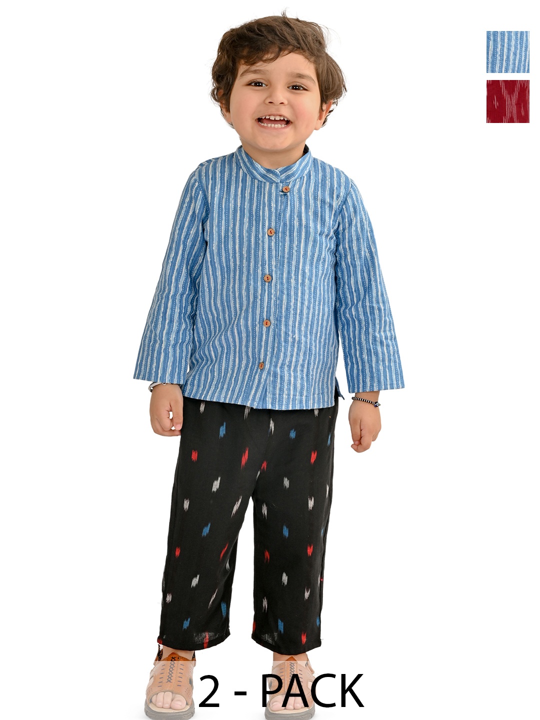 

Tiny Bunnies Boys Pack Of 2 Printed Mandarin Collar Pure Cotton Shirt With Trouser, Blue