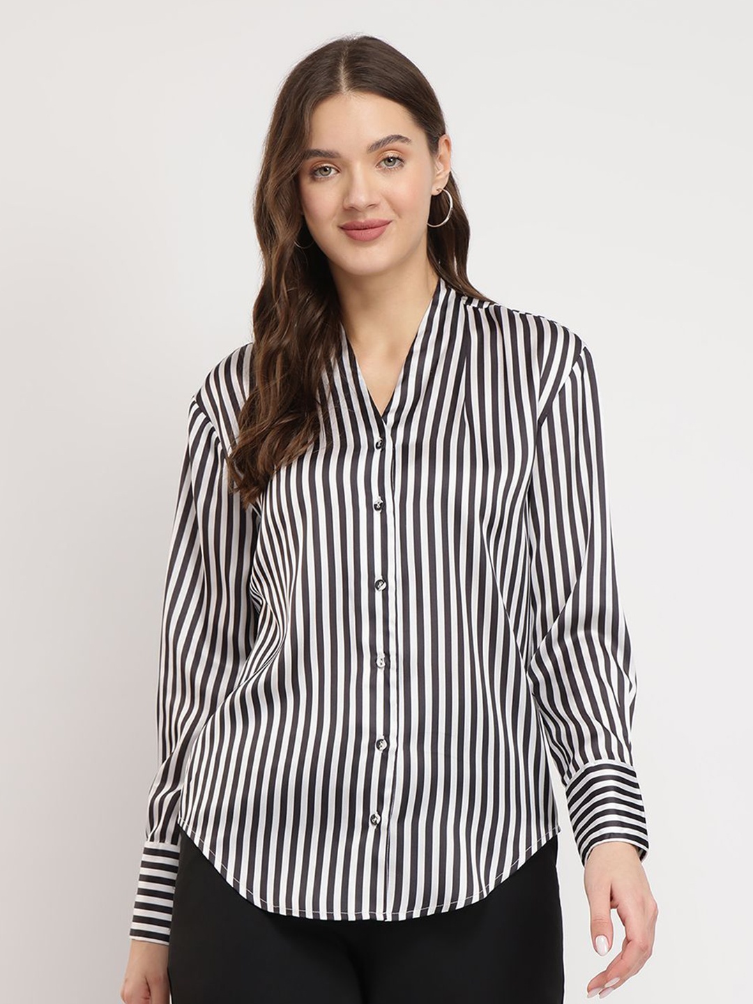 

FableStreet Women Comfort Fit Collarless Vertical Striped Satin Casual Shirt, Black