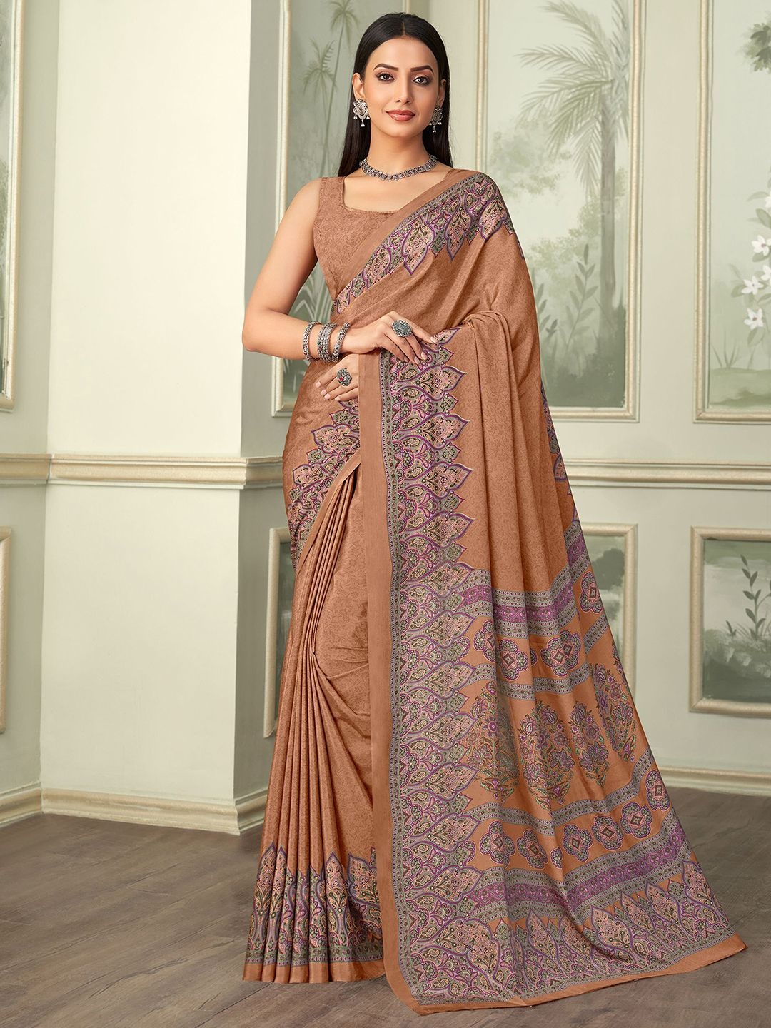 

Satrani Ethnic Motifs Pure Crepe Saree, Peach