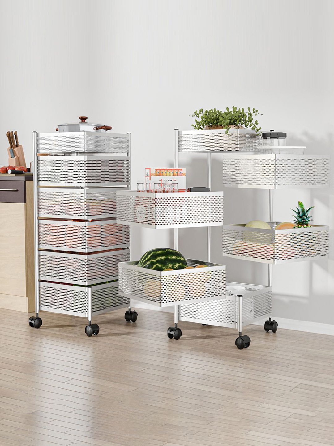 

Kuber Industries Pack of 2 Kitchen 5+1 Layer Metal Storage Kitchen Trolley Silver