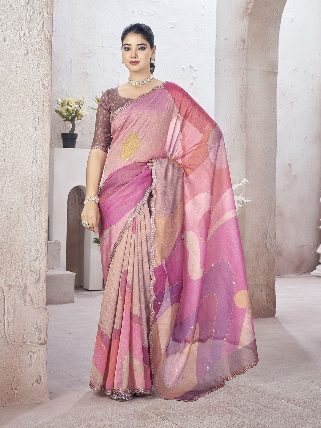

All about you Beads and Stones Organza Saree, Pink