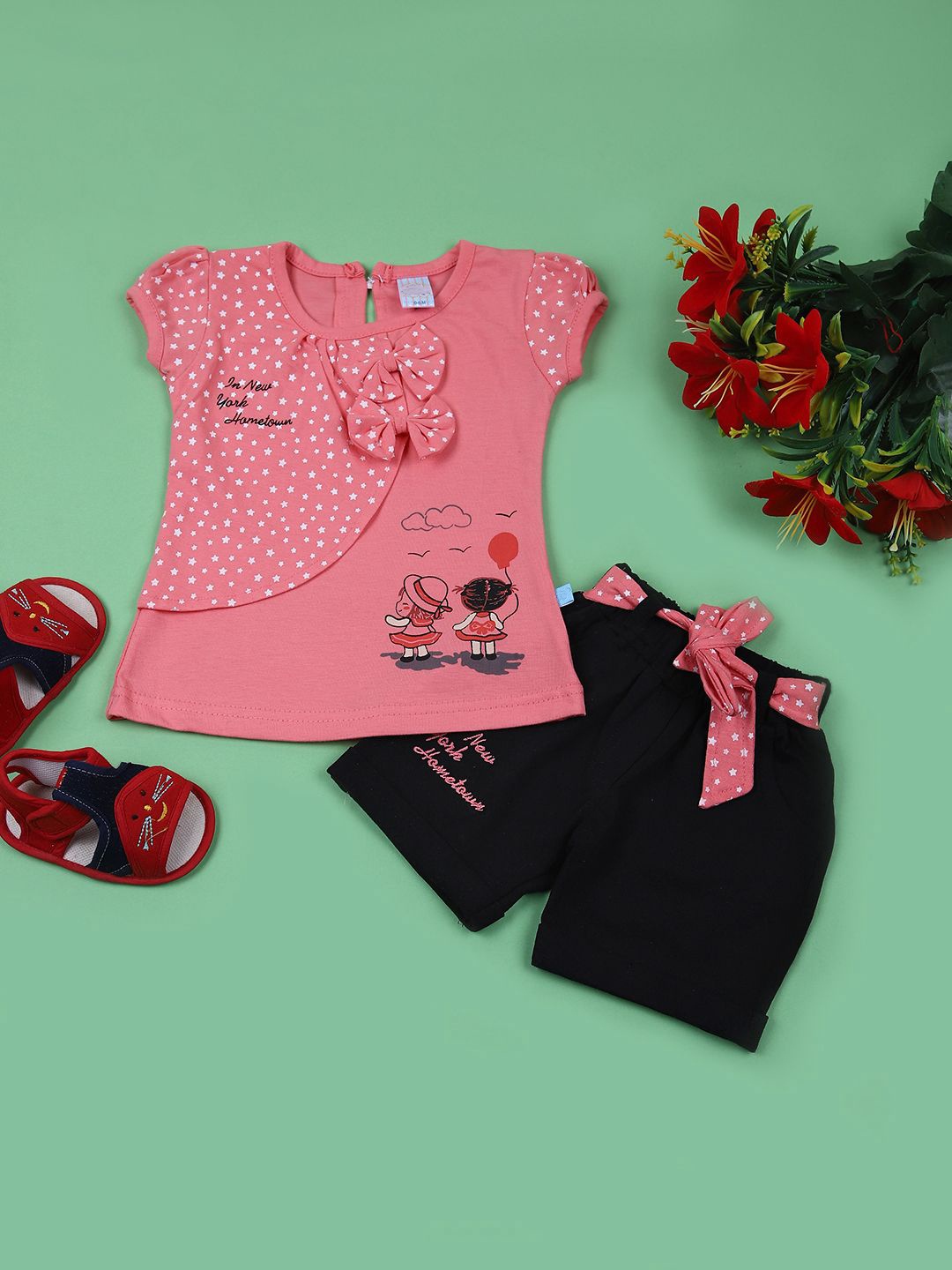 

V-Mart Girls Printed Round Neck Pure Cotton Top With Shorts, Peach