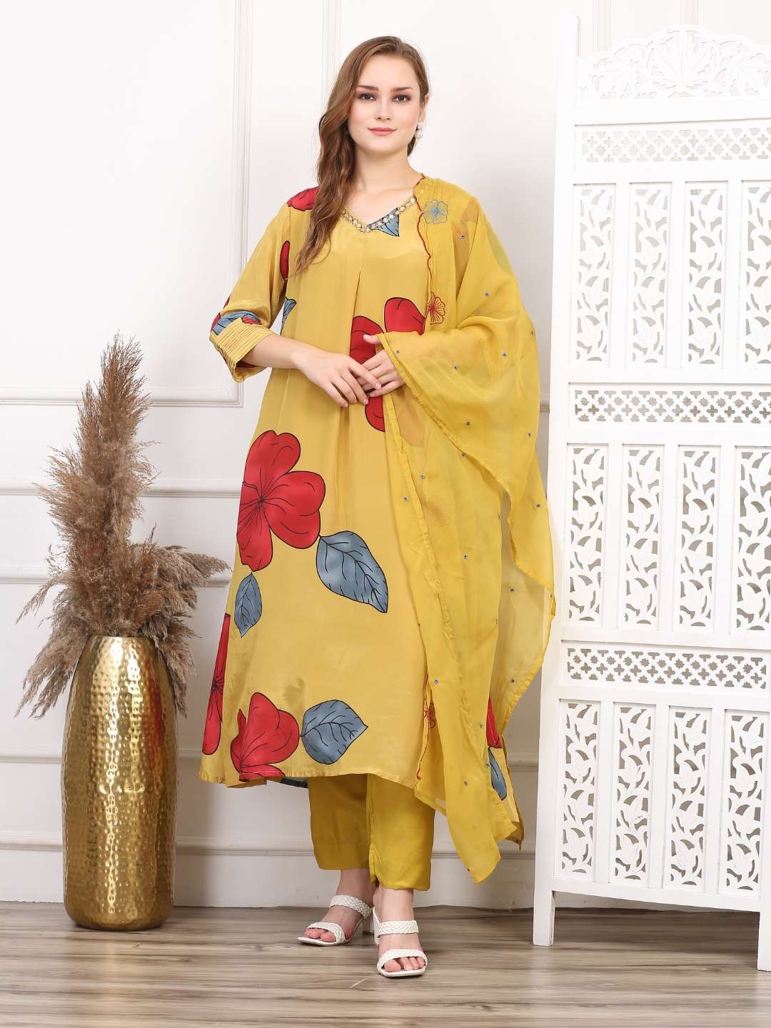 

AAVARANA BY KARNIKA Floral Printed Pure Cotton A-Line Kurta With Pyjamas & Dupatta, Yellow