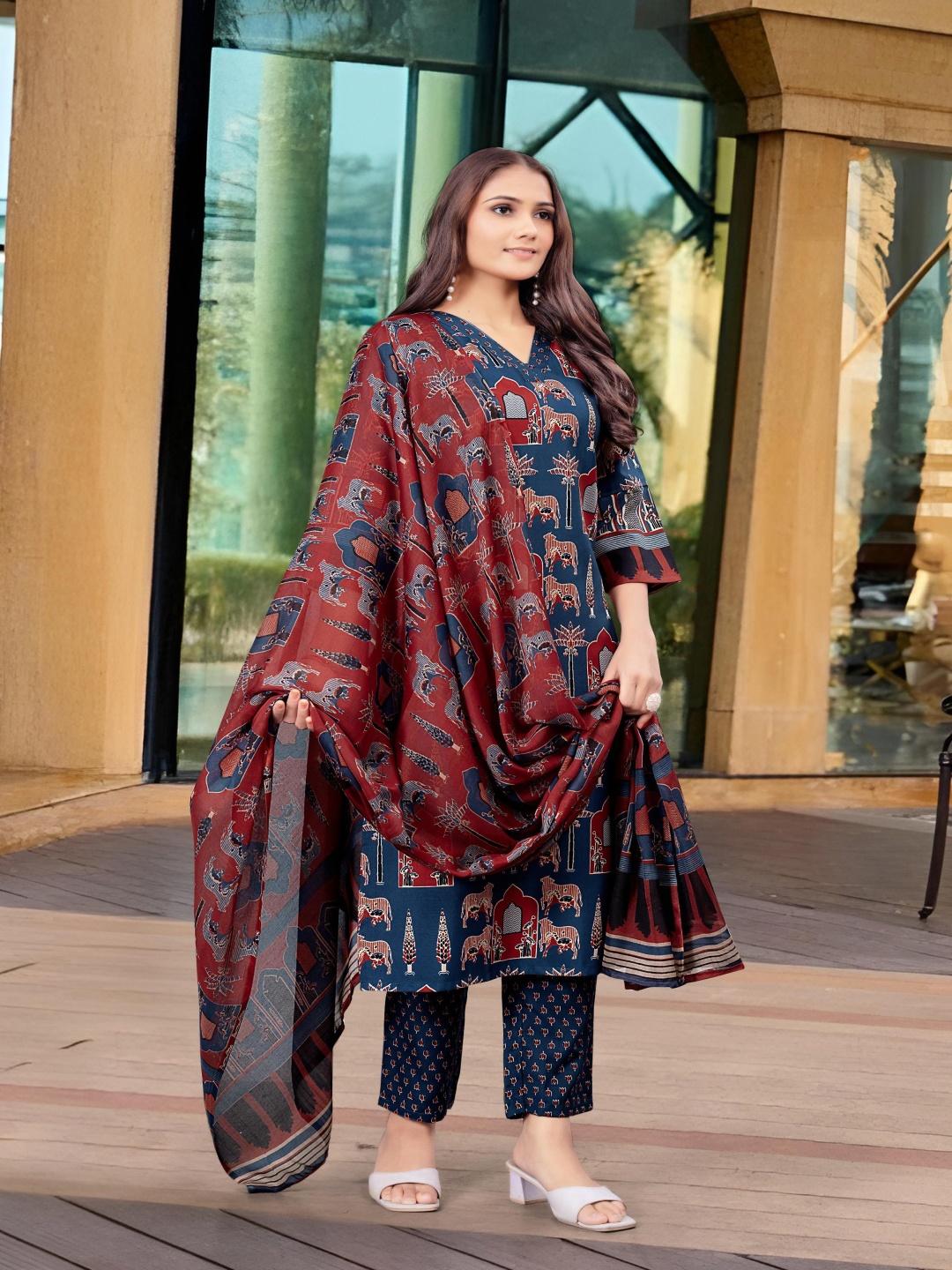 

KALINI Ethnic Motifs Printed Pure Cotton V-Neck Straight Kurta With Trousers & Dupatta, Blue