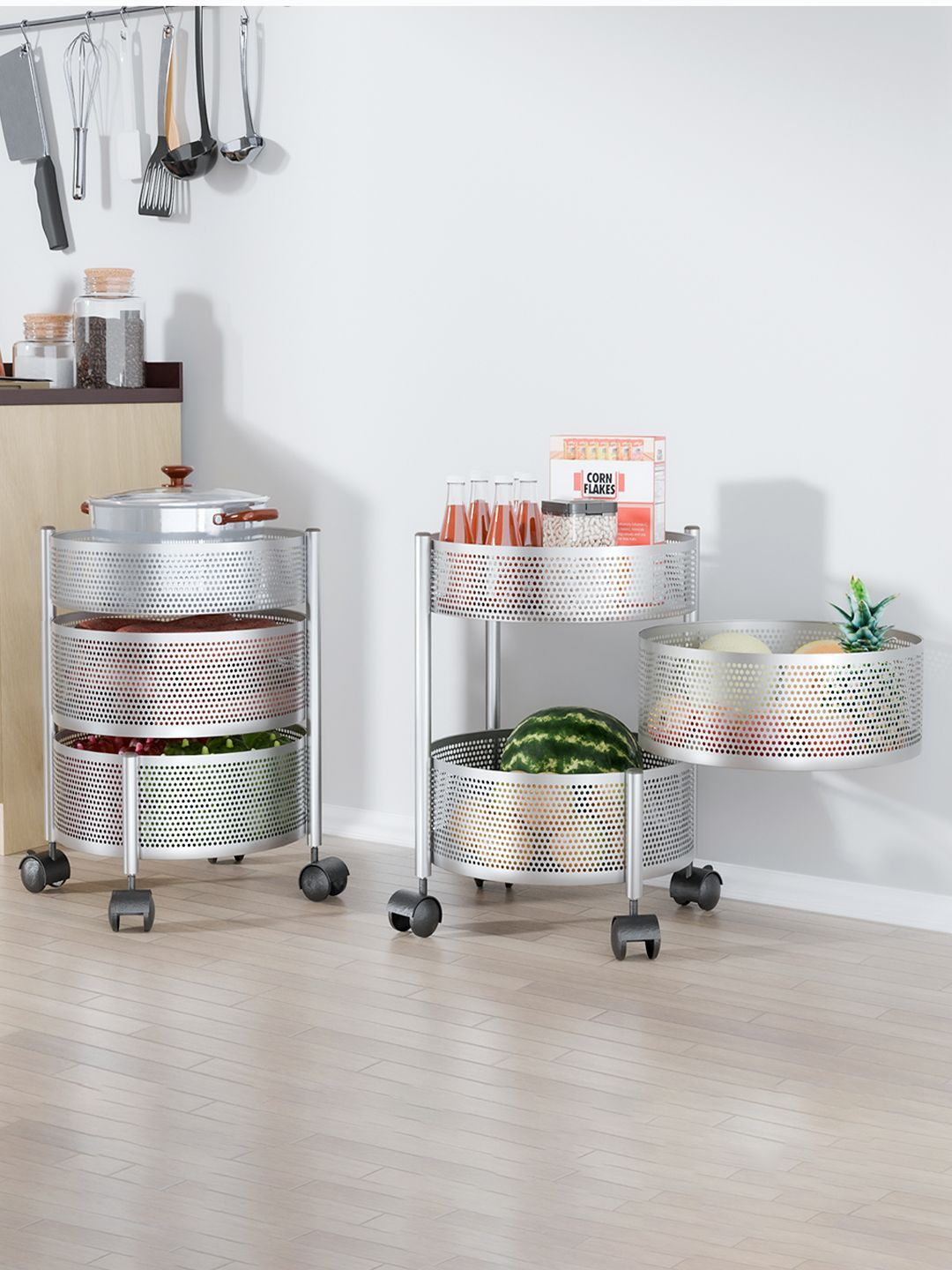 

Kuber Industries Silver-Toned 2 Pieces 2+1 Layer Metal Storage Kitchen Trolley Silver