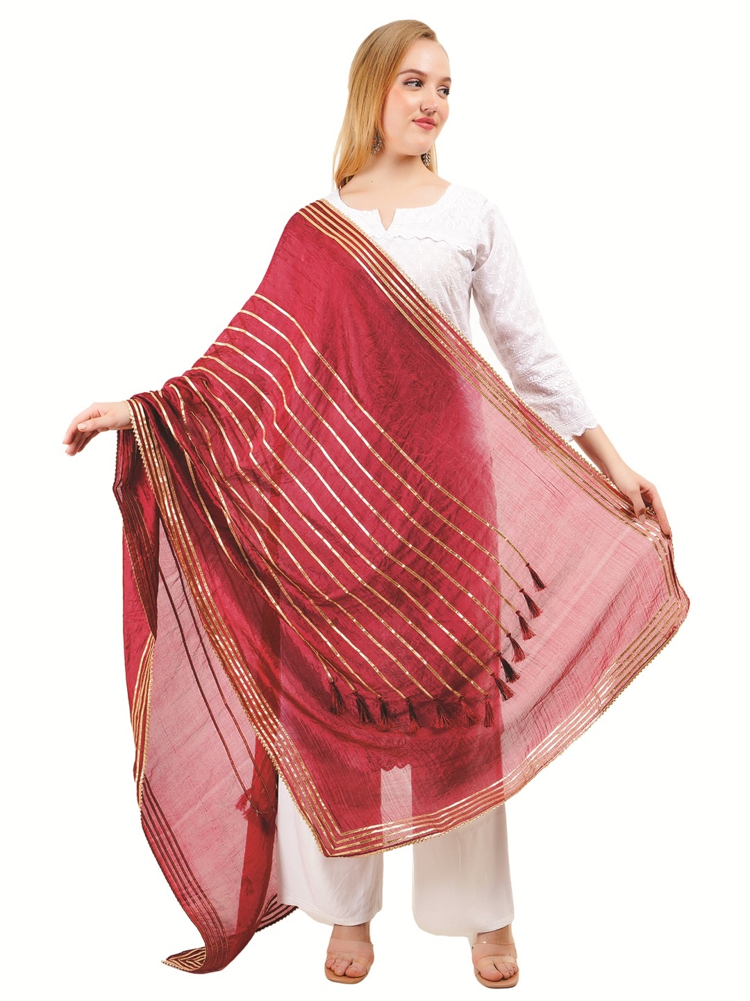 

Way2Like Striped Gotta Patti Tasselled Detail Silk Wrap Shawl Scarf Hijab Dupatta, Maroon