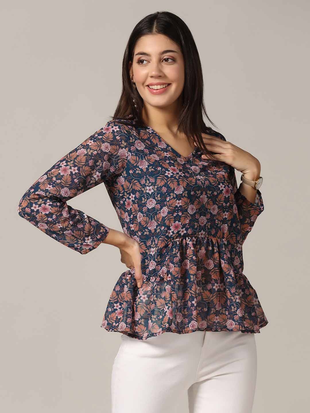 

BAESD Floral Print Cotton Georgette Top, Teal