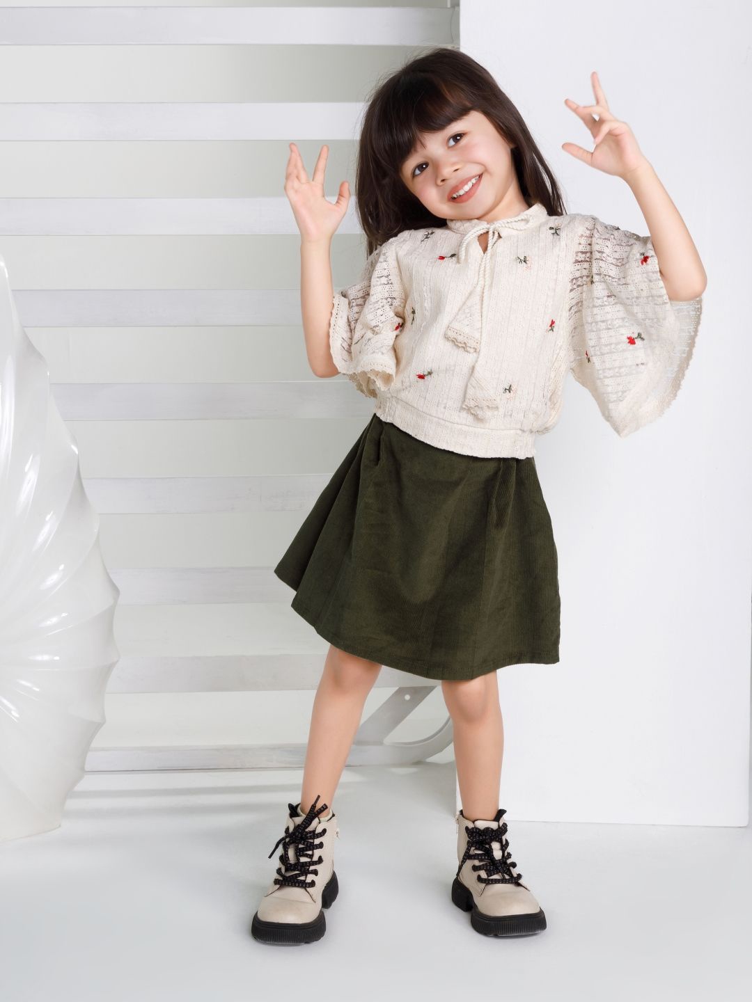 

Peppermint Amazing Autumn Girls Self Design Mandarin Collar Top With Skirt, Olive