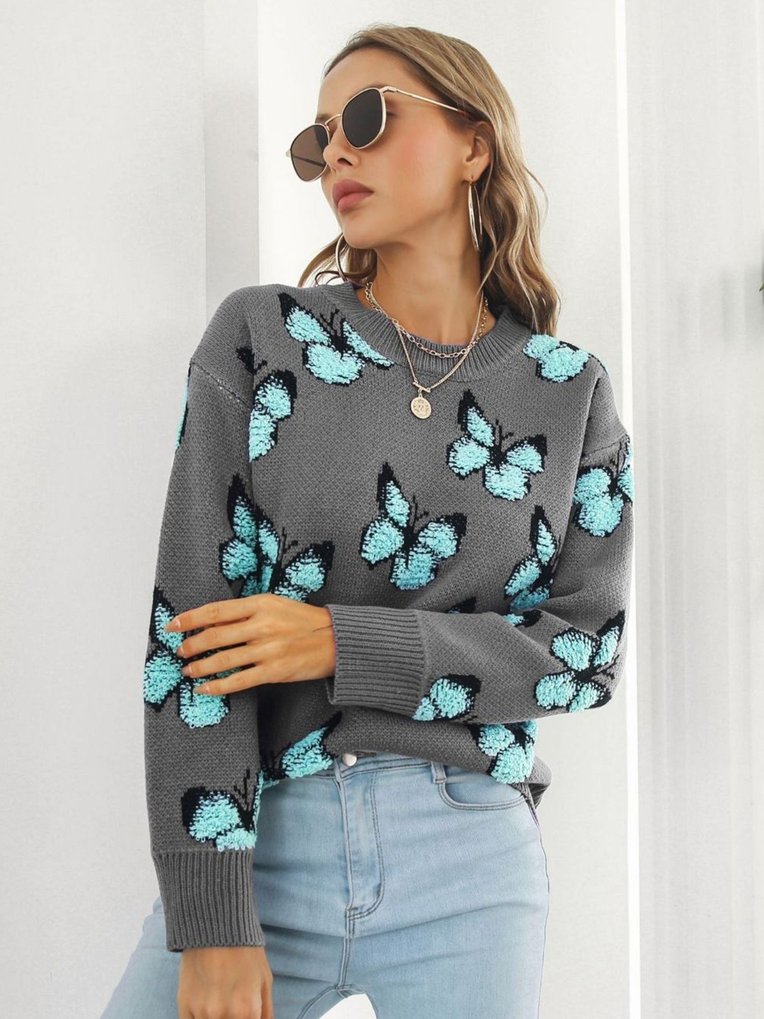 

Oh Rare Women Self Design Quirky Pullover Sweater, Grey