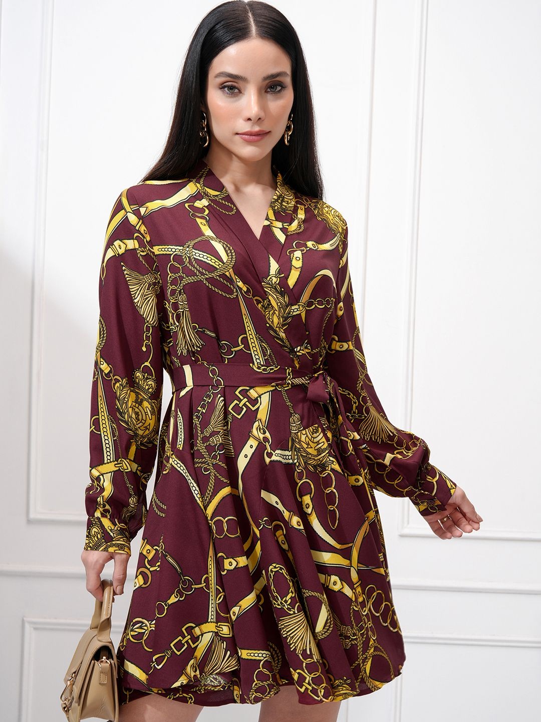 

ESPYR By Tokyo Talkies Women Printed Satin Mini Wrap Dress, Maroon