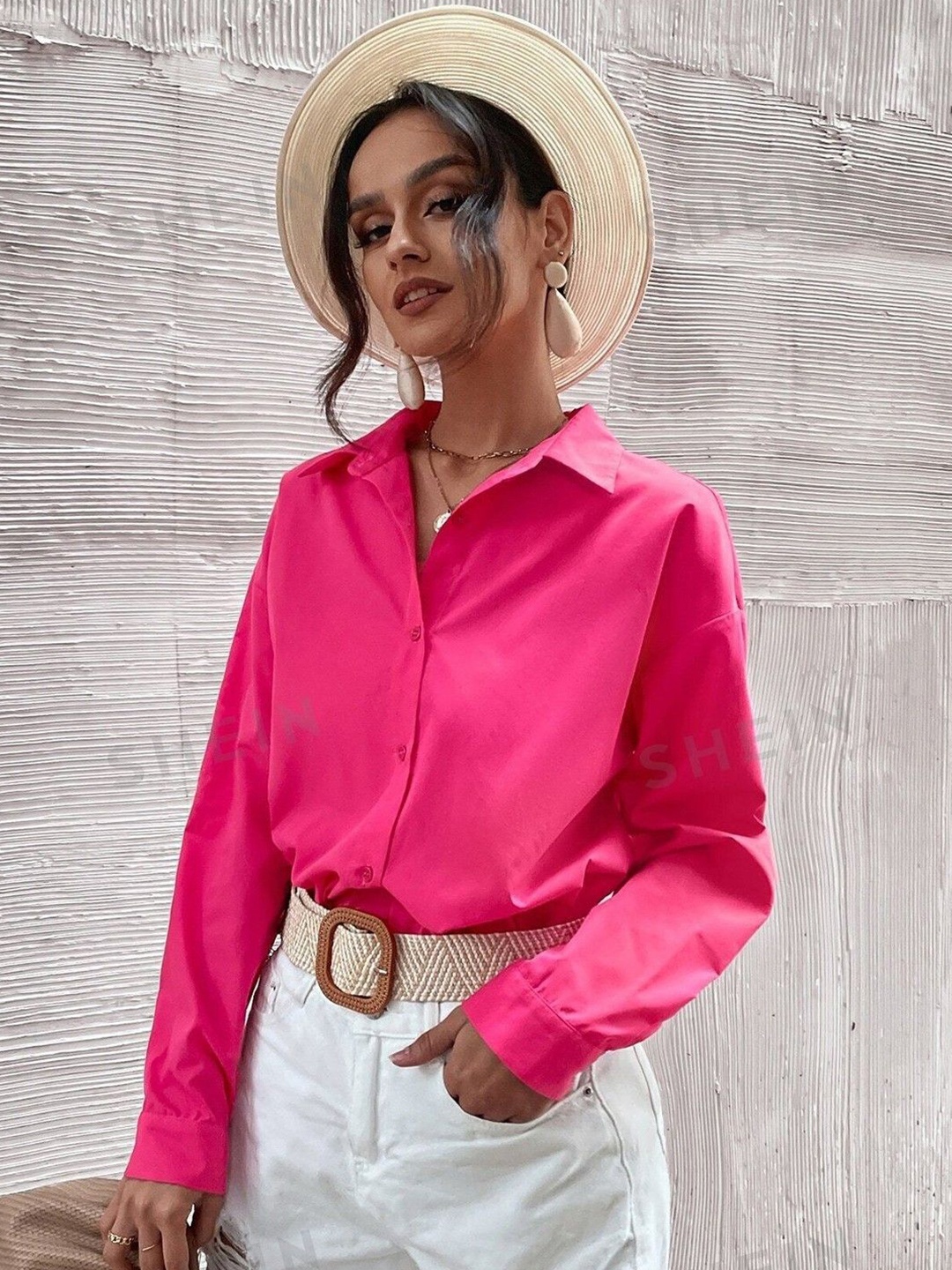 

WHY SO FAB Women Comfort Oversized Fit Spread Collar Solid Cotton Casual Shirt, Pink