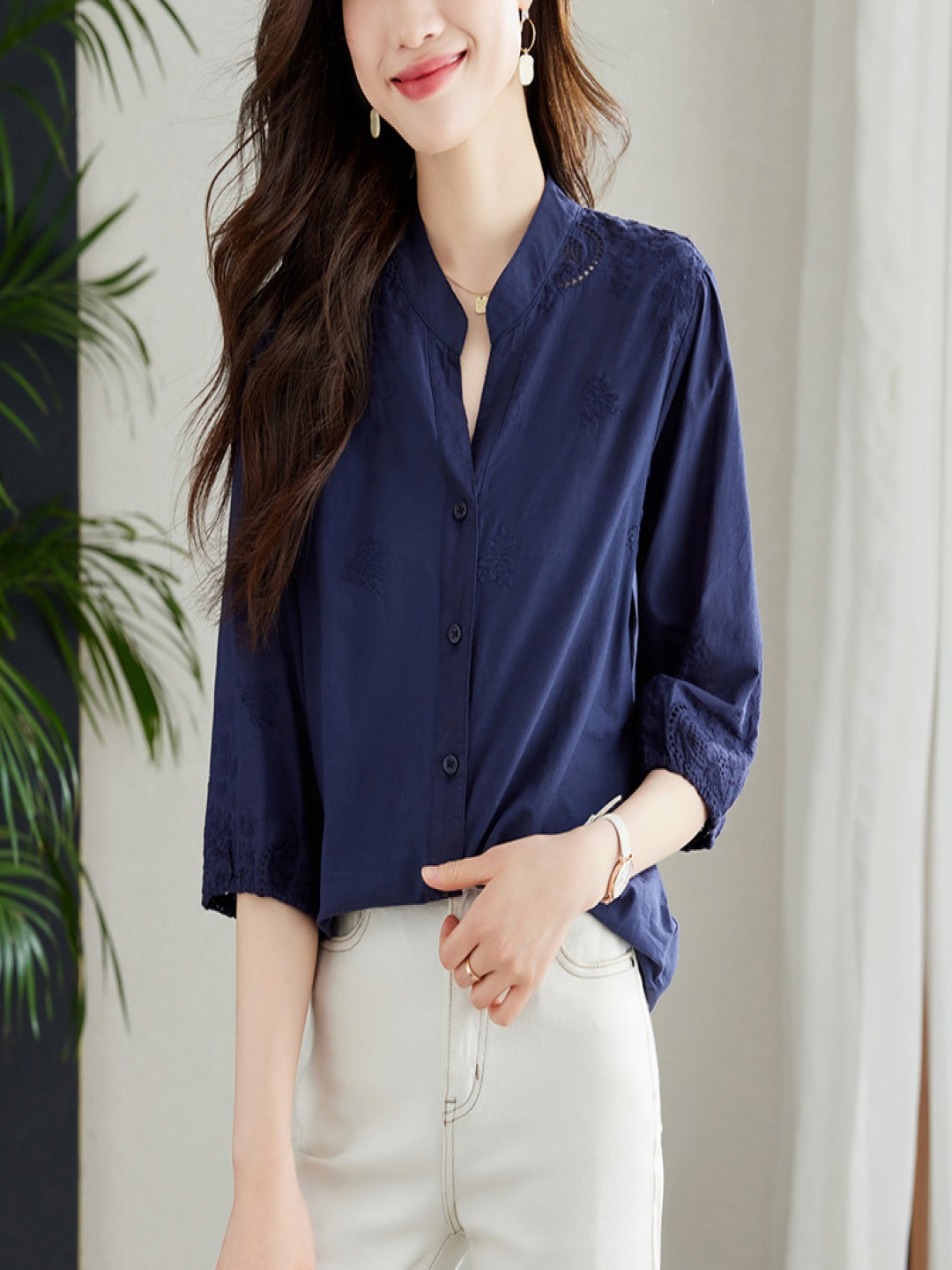 

StyleCast Women Solid Mandarin Collar Cotton Casual Shirt, Navy blue
