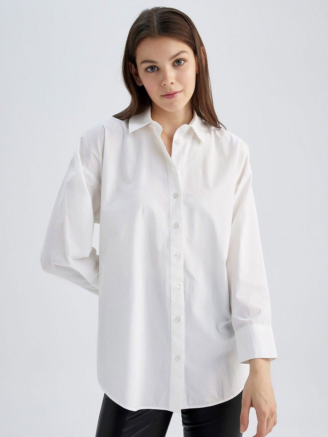 

WHY SO FAB Women Comfort Oversized Fit Spread Collar Solid Cotton Casual Shirt, White