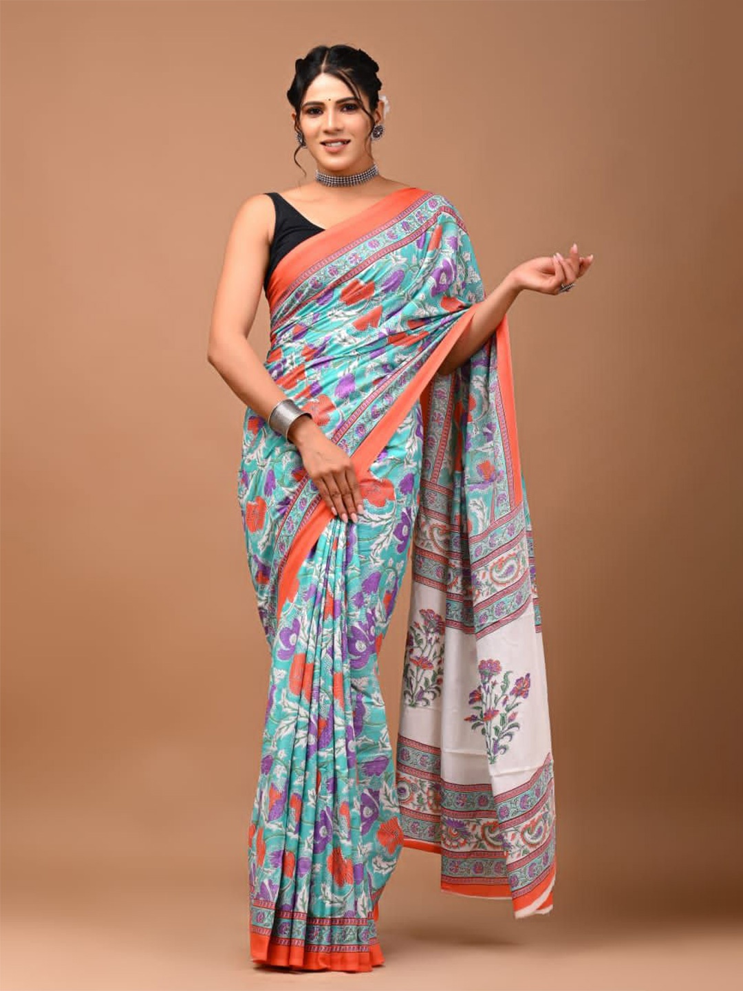 

Craft Musium Floral Pure Cotton Bagru Saree, Blue