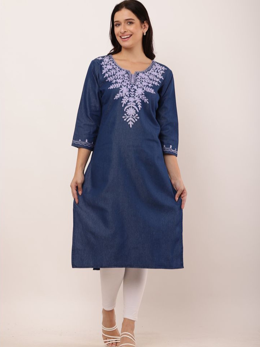 

Sellingsea Embroidered Thread Work Denim Kurta, Blue