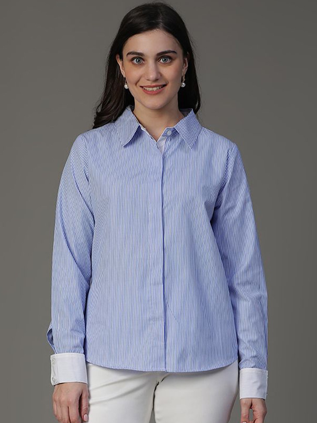 

VEGAL Women Spread Collar Striped Cotton Shirt, Blue