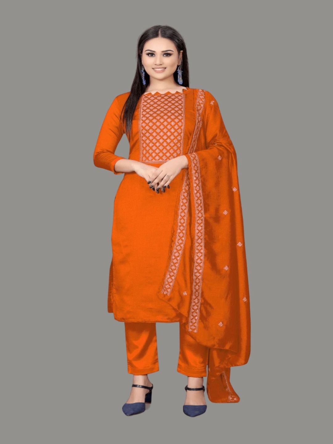 

Aika Geometric Embroidered Pure Silk Unstitched Dress Material, Orange