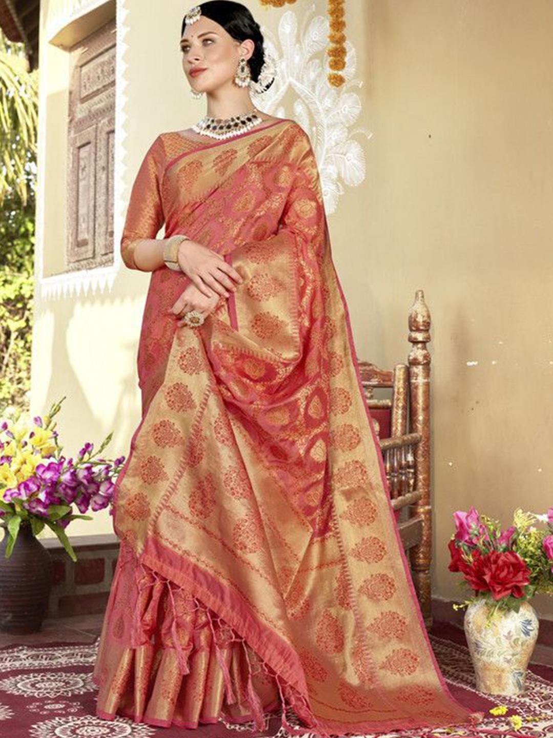 

sagarika Woven Design Zari Organza Banarasi Saree, Coral