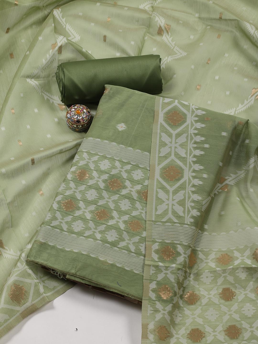 

Meena Bazaar Geometric Woven Design Art Silk Unstitched Dress Material, Green
