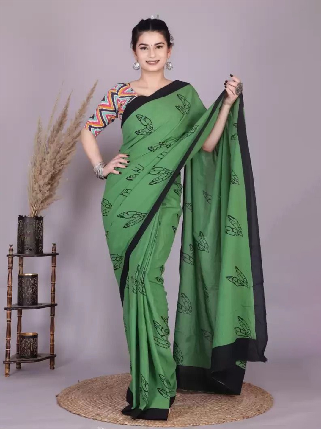 

Craft Musium Floral Pure Cotton Bagru Saree, Green