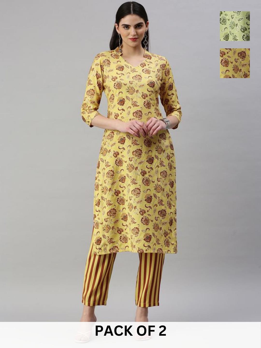 

KALINI Selection Of 2 Floral Printed V-Neck Straight Kurtas With Trousers, Yellow