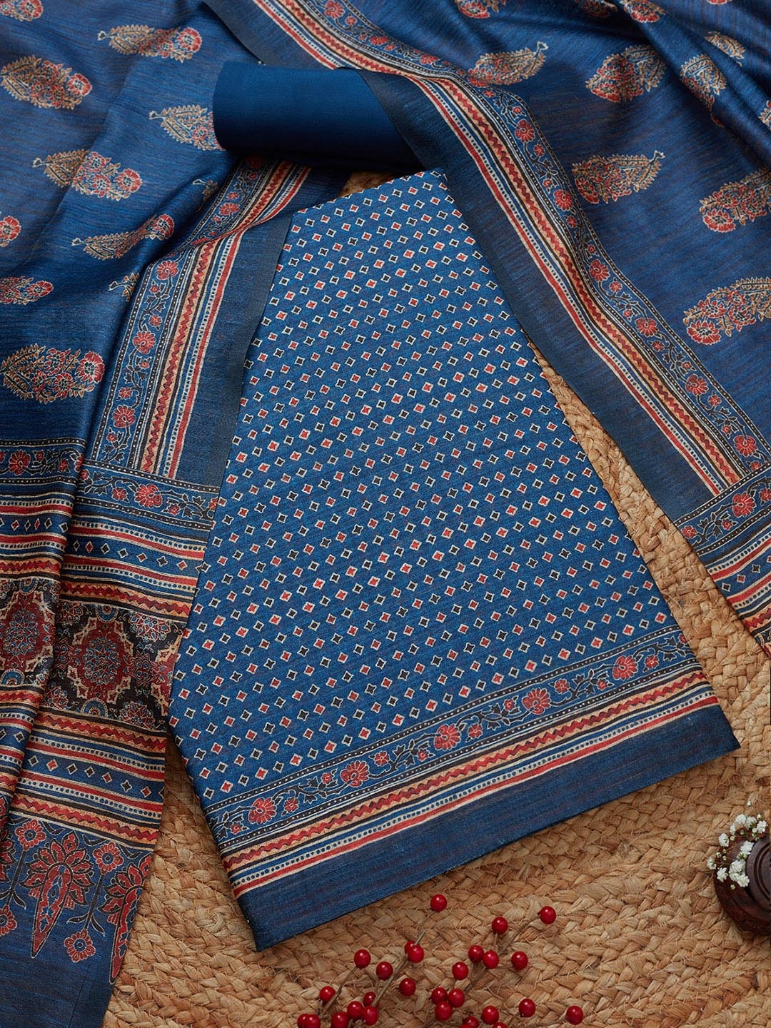 

Soch Geometric Printed Unstitched Dress Material, Navy blue