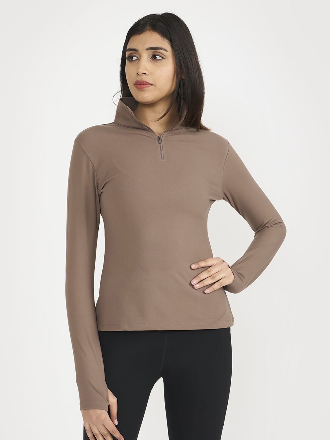 

Hunnit Women High Neck Long Sleeves A-Line Top, Brown