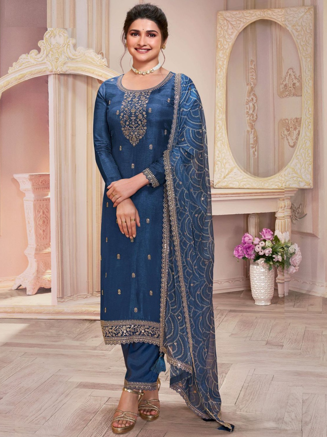 

ODETTE Floral Embroidered Sequinned Georgette Straight Kurta with Trousers & Dupatta, Blue