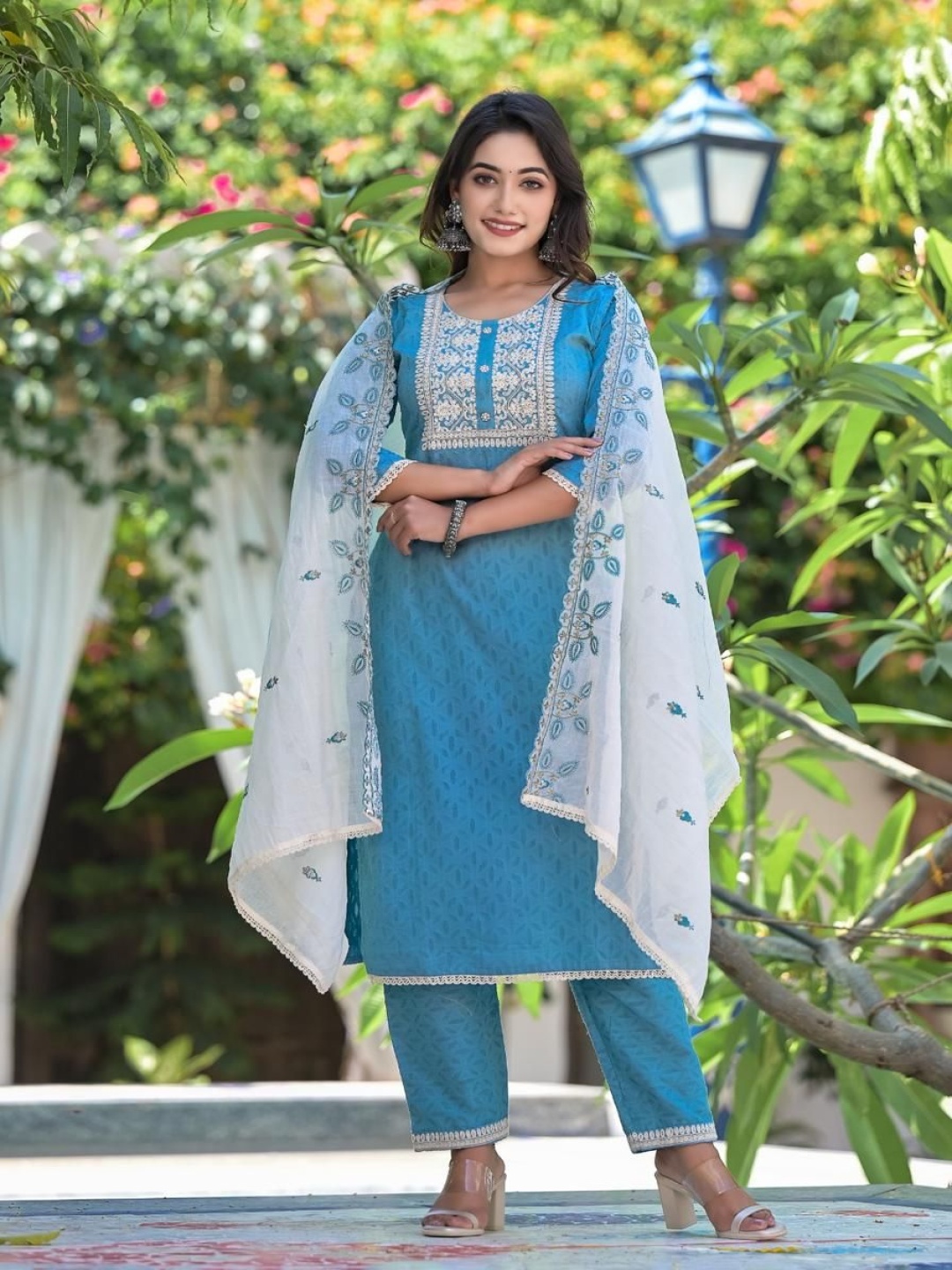 

Gauric creation Floral Embroidered Thread Work Pure Cotton Kurta With Trouser And Dupatta, Blue