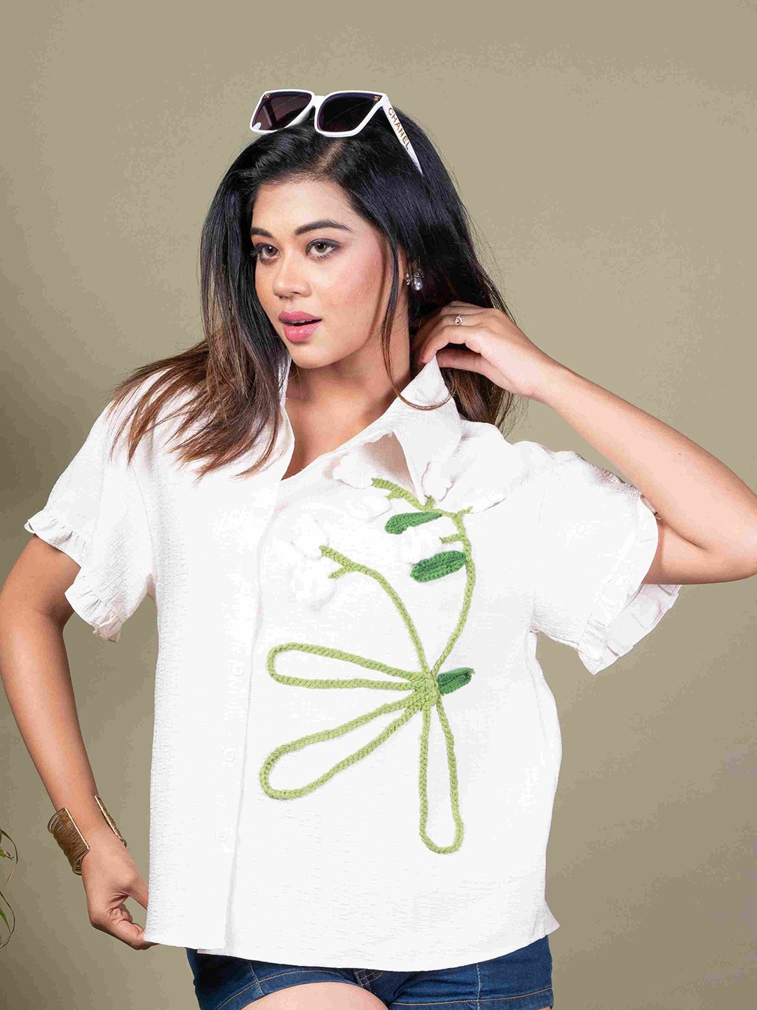 

Unityshop Women Standard Relaxed Fit Solid Embroidered Spread Collar Casual Shirt, Off white