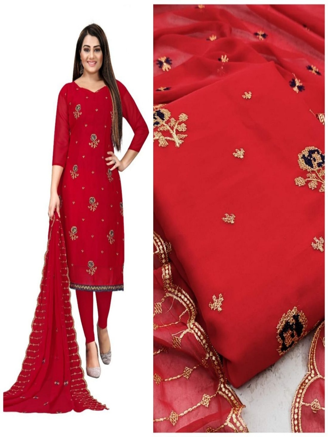 

Aika Ethnic Motifs Embordered Silk Georgette Unstitched Dress Material, Red