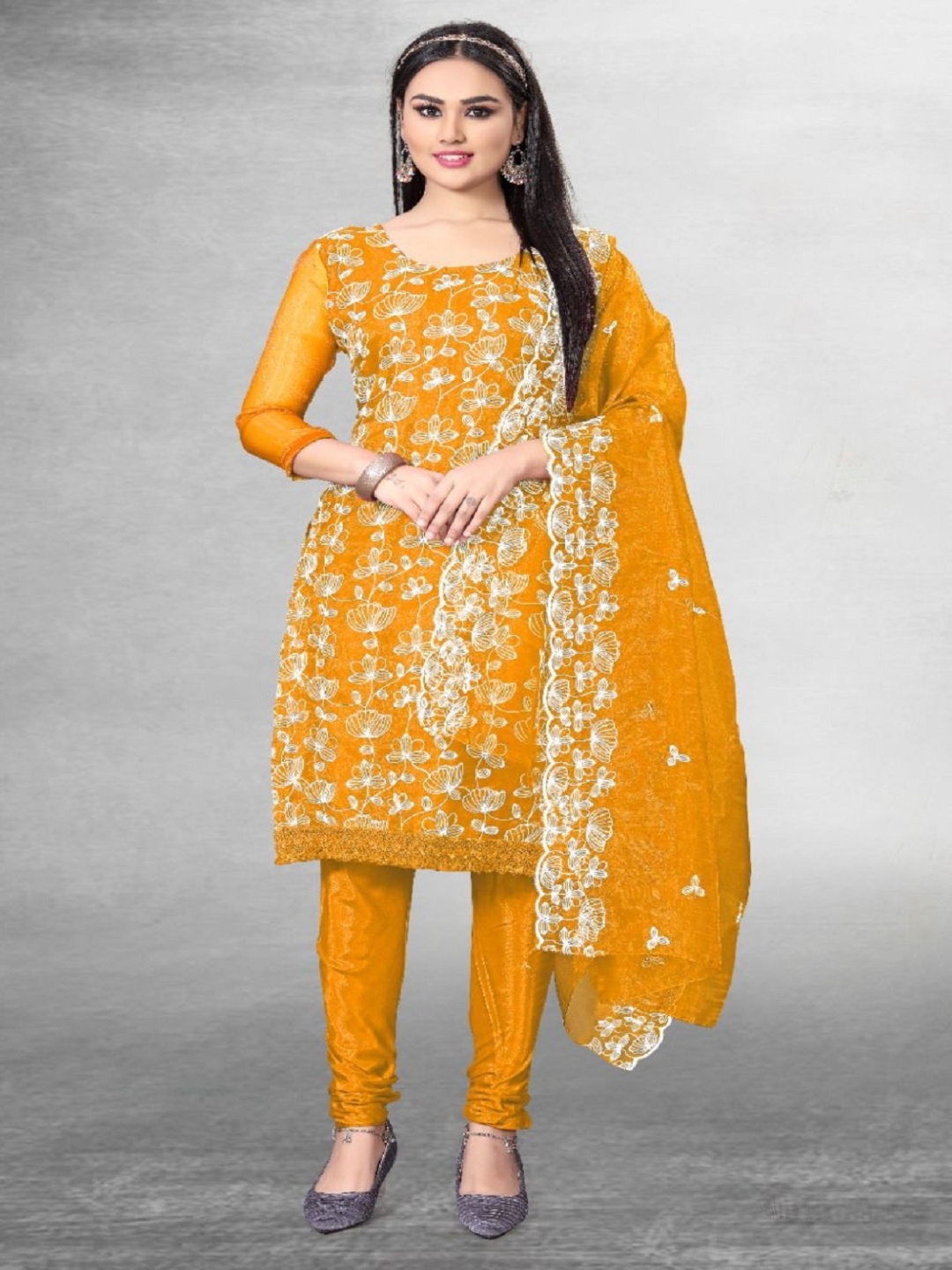 

Aika Floral Thread Embroidered Organza Unstitched Dress Material, Yellow